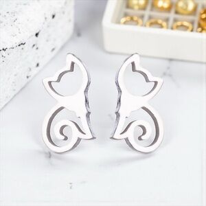 Charming Silver Cat Stud Earrings